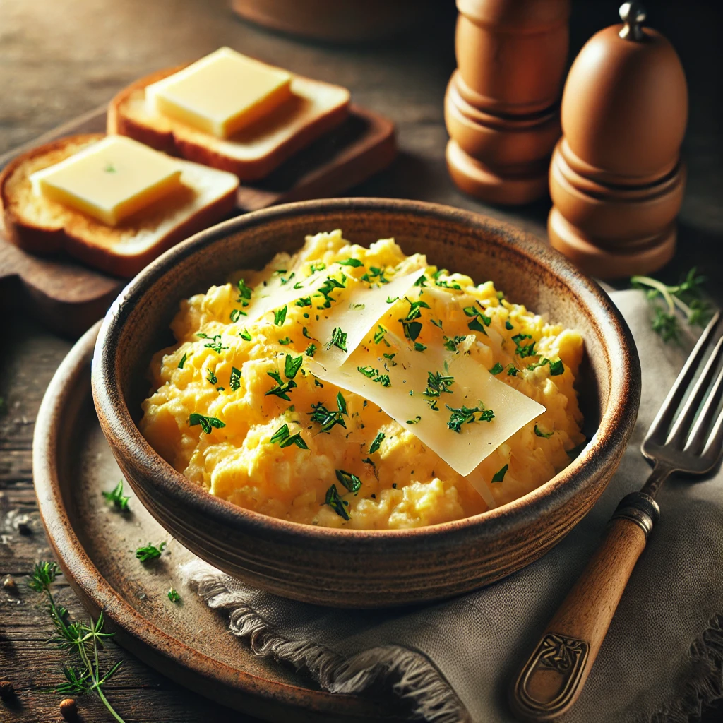 A beautifully plated dish of Slow-Cooker Scrambled Eggs, soft and creamy with melted Swiss and Parmesan cheese. The eggs are served in a rustic ceramic bowl, garnished with freshly chopped herbs. A wooden spoon rests beside the dish, with a side of buttered toast on a rustic wooden table. Soft, warm lighting enhances the rich, inviting texture of the eggs, creating a comforting breakfast scene.
