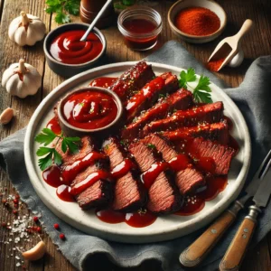 A white ceramic platter of crockpot barbecue sits on a rustic wooden table. The tender beef slices are coated in a rich, glossy barbecue sauce and garnished with fresh parsley. A small bowl of extra barbecue sauce is placed beside the platter, along with a folded linen napkin. Scattered around the table are fresh ingredients, including garlic, a bottle of Worcestershire sauce, paprika, and a small dish of brown sugar. Soft natural light highlights the beef’s juicy texture and the vibrant red sauce, creating a warm and hearty presentation.