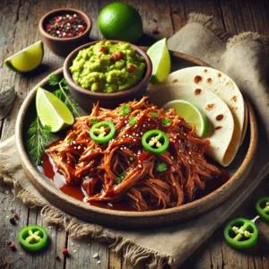 A beautifully plated Slow Cooker BBQ Shredded Pork dish, featuring tender, juicy pulled pork coated in a rich, smoky barbecue sauce. The shredded pork is served on a rustic ceramic plate with a side of soft flour tortillas, fresh guacamole, and lime wedges. The dish is garnished with chopped cilantro and thinly sliced jalapeños for a vibrant touch. The plate rests on a wooden table, with soft, warm lighting enhancing the inviting and flavorful presentation.