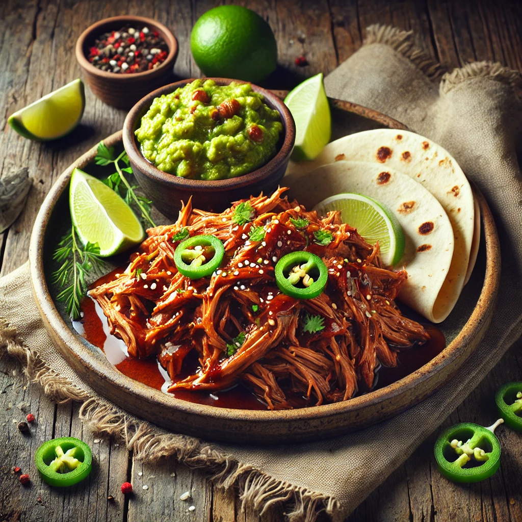 A beautifully plated Slow Cooker BBQ Shredded Pork dish, featuring tender, juicy pulled pork coated in a rich, smoky barbecue sauce. The shredded pork is served on a rustic ceramic plate with a side of soft flour tortillas, fresh guacamole, and lime wedges. The dish is garnished with chopped cilantro and thinly sliced jalapeños for a vibrant touch. The plate rests on a wooden table, with soft, warm lighting enhancing the inviting and flavorful presentation.