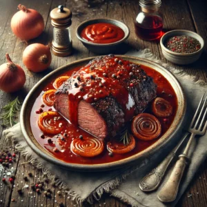 A tender barbecued pot roast is displayed on a rustic ceramic platter on a wooden table. The roast is coated with a rich, glossy tomato-based sauce, with visible peppercorns and chopped onions on top. A pool of savory gravy surrounds the meat. Beside the platter are a serving fork, a folded linen napkin, and a small bowl of extra gravy. Scattered around the table are fresh onion pieces, whole peppercorns, and a small jar of Worcestershire sauce. Soft natural light highlights the juicy texture of the roast and the vibrant sauce, creating a comforting and appetizing presentation.