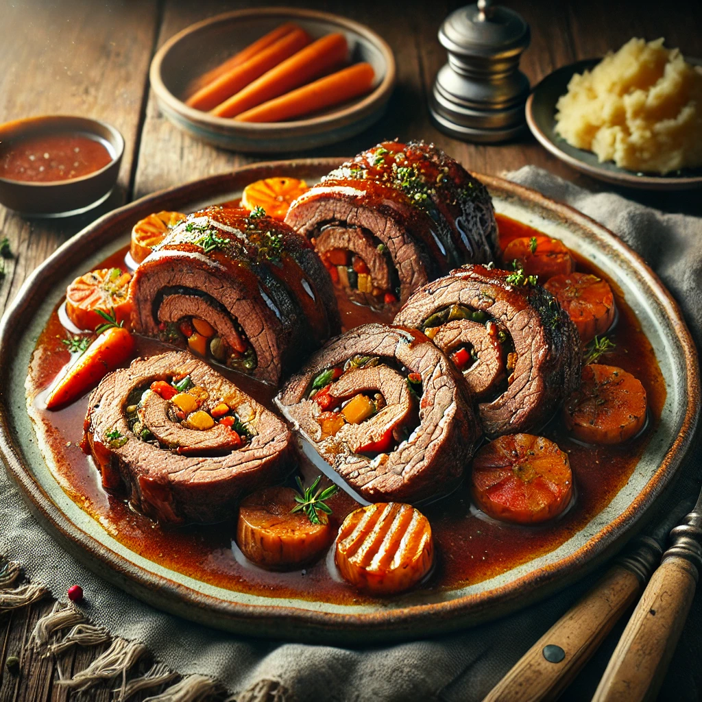 A beautifully plated Slow-Cooker Beef Rouladen dish, featuring tender beef rolls stuffed with vegetables, sliced to reveal the filling. The dish is served with a rich, savory sauce drizzled over the top, garnished with fresh herbs. The rouladen sits on a rustic ceramic plate, accompanied by a side of mashed potatoes and a serving of carrots. The plate is placed on a rustic wooden table with a cozy, inviting atmosphere. Soft, warm lighting enhances the deep, rich colors of the beef and sauce, creating a hearty and comforting presentation.