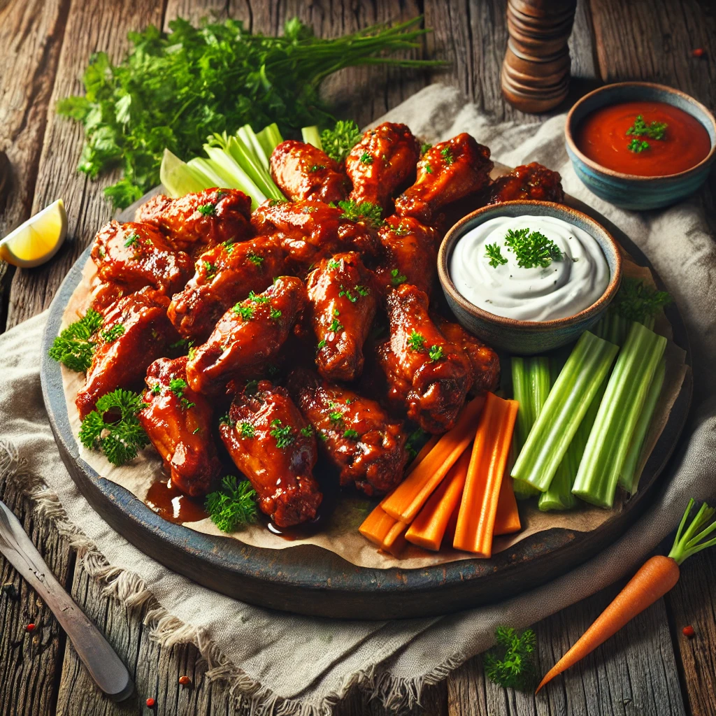 Buffalo Wings served on a rustic platter, glazed with a spicy sauce and garnished with fresh parsley. The dish is accompanied by a creamy sour cream dipping sauce, celery sticks, carrot sticks, and lemon wedges, styled on a weathered wooden table with a linen napkin. Soft natural lighting enhances the glossy texture of the wings and the vibrant colors of the garnishes, creating an inviting appetizer presentation.
