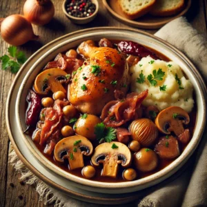 A beautifully plated dish of Slow Cooker Chicken Coq Au Vin served on a rustic wooden table. The dish features tender, slow-cooked chicken braised in a rich red wine sauce with mushrooms, pearl onions, and crispy bacon. Garnished with freshly chopped parsley. Served in a white ceramic bowl with a side of crusty bread or mashed potatoes. The warm wooden table is more visible, providing a cozy and inviting setting.