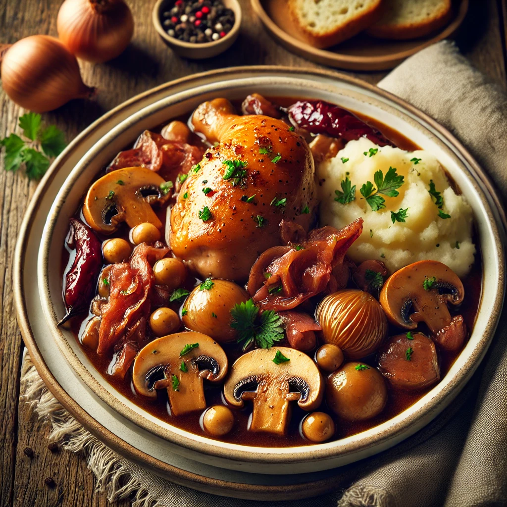 A beautifully plated dish of Slow Cooker Chicken Coq Au Vin served on a rustic wooden table. The dish features tender, slow-cooked chicken braised in a rich red wine sauce with mushrooms, pearl onions, and crispy bacon. Garnished with freshly chopped parsley. Served in a white ceramic bowl with a side of crusty bread or mashed potatoes. The warm wooden table is more visible, providing a cozy and inviting setting.