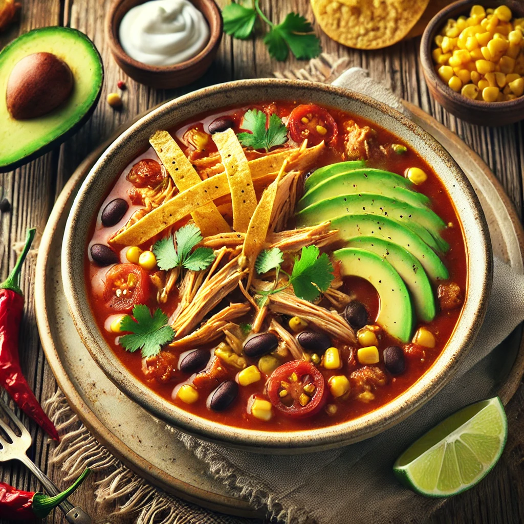 A beautifully plated bowl of Slow Cooker Chicken Tortilla Soup served on a rustic wooden table. The dish features a rich, spicy tomato-based broth with tender shredded chicken, black beans, corn, and diced tomatoes. Garnished with crispy tortilla strips, fresh avocado slices, chopped cilantro, and a wedge of lime. Served in a rustic ceramic bowl with a side of sour cream. The warm wooden table is more visible, providing a cozy and inviting setting.