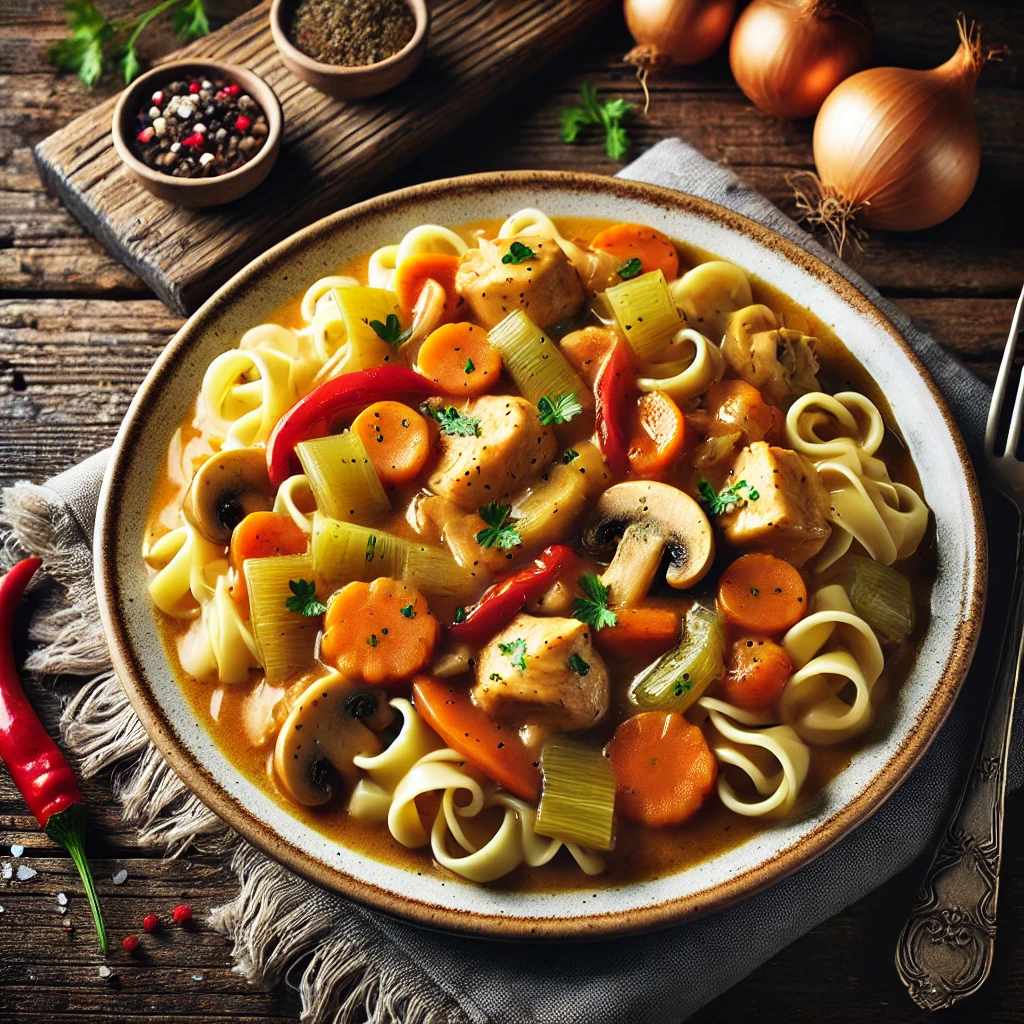 A beautifully plated dish of Slow Cooker Chicken A La King served on a rustic wooden table. The dish features tender cubed chicken in a rich, creamy sauce with bell peppers, celery, onions, carrots, and mushrooms. Served over a bed of hot, extra-wide egg noodles and garnished with fresh parsley. The warm wooden table is more visible, providing a cozy and inviting setting.