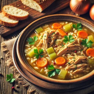 A beautifully plated bowl of Slow Cooker Chicken and Rice Soup served on a rustic wooden table. The dish features a comforting, golden broth with tender shredded chicken, fluffy rice, carrots, celery, and onions. Garnished with freshly chopped parsley. Served in a rustic ceramic bowl with a side of crusty bread. The warm wooden table is more visible, providing a cozy and inviting setting.