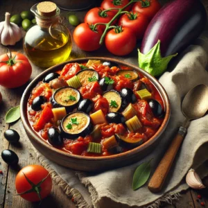 A bowl of slow cooker caponata sits on a rustic wooden table, featuring a vibrant mix of chopped eggplant, plum tomatoes, celery, and black olives in a rich, glossy tomato-based sauce. Surrounding the dish are fresh ingredients like whole plum tomatoes, an eggplant, black olives, and a bottle of olive oil, creating an inviting and homemade presentation.