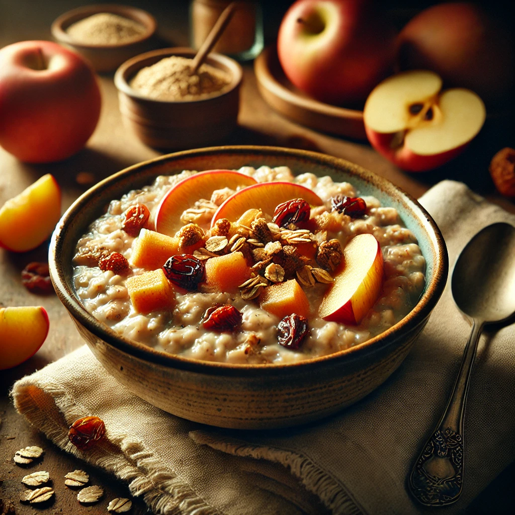 A warm and comforting bowl of Slow-Cooker Fruity Oatmeal, featuring creamy steel-cut oats with chunks of tender apples and dried fruit. The oatmeal is topped with granola and a drizzle of half-and-half, served in a rustic ceramic bowl on a wooden table. A linen napkin, a small dish of extra dried fruit, and a wooden spoon complete the cozy setting, with warm natural lighting enhancing the inviting textures and golden hues.