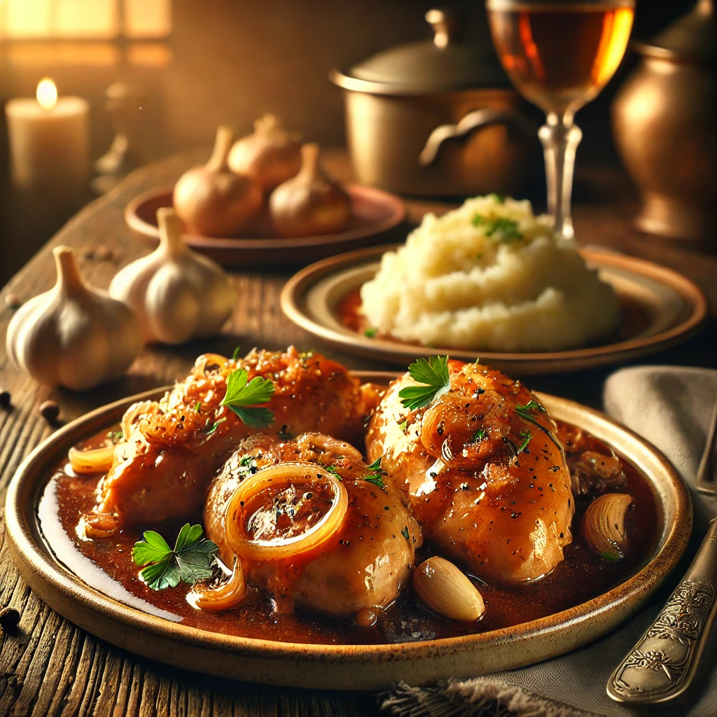 Slow Cooker Garlic Sherry Chicken on a rustic ceramic plate, featuring tender chicken breasts in a rich garlic sherry sauce with caramelized onions and herbs. Garnished with parsley, set on a wooden table with mashed potatoes and a glass of white wine in the softly blurred background.
