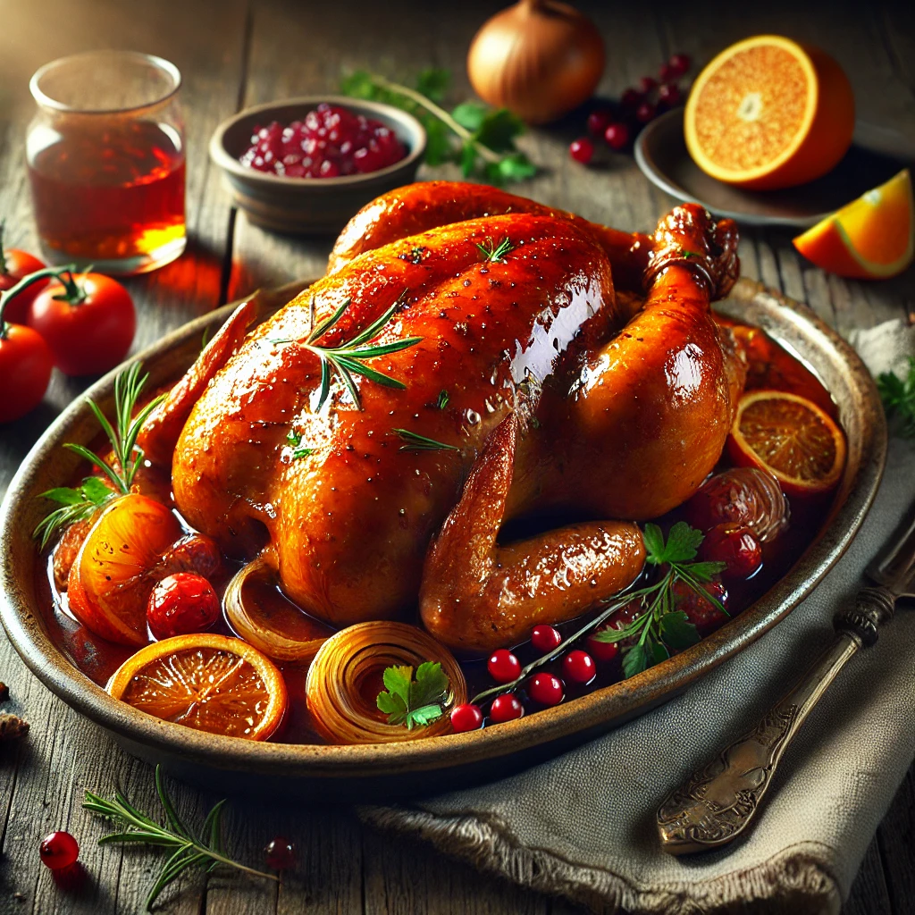 A lacquered whole chicken sits on a rustic ceramic platter, golden brown with a glossy, rich sauce coating its surface. The dish is surrounded by a flavorful sauce made with onions, tomatoes, and orange pieces, garnished with fresh parsley. Nearby are a small dish of red currant jelly and a glass of sweet sherry, along with scattered fresh tomatoes, an orange, and a folded linen napkin on the rustic wooden table. Soft natural light highlights the shiny glaze and vibrant colors, creating a warm and appetizing presentation.