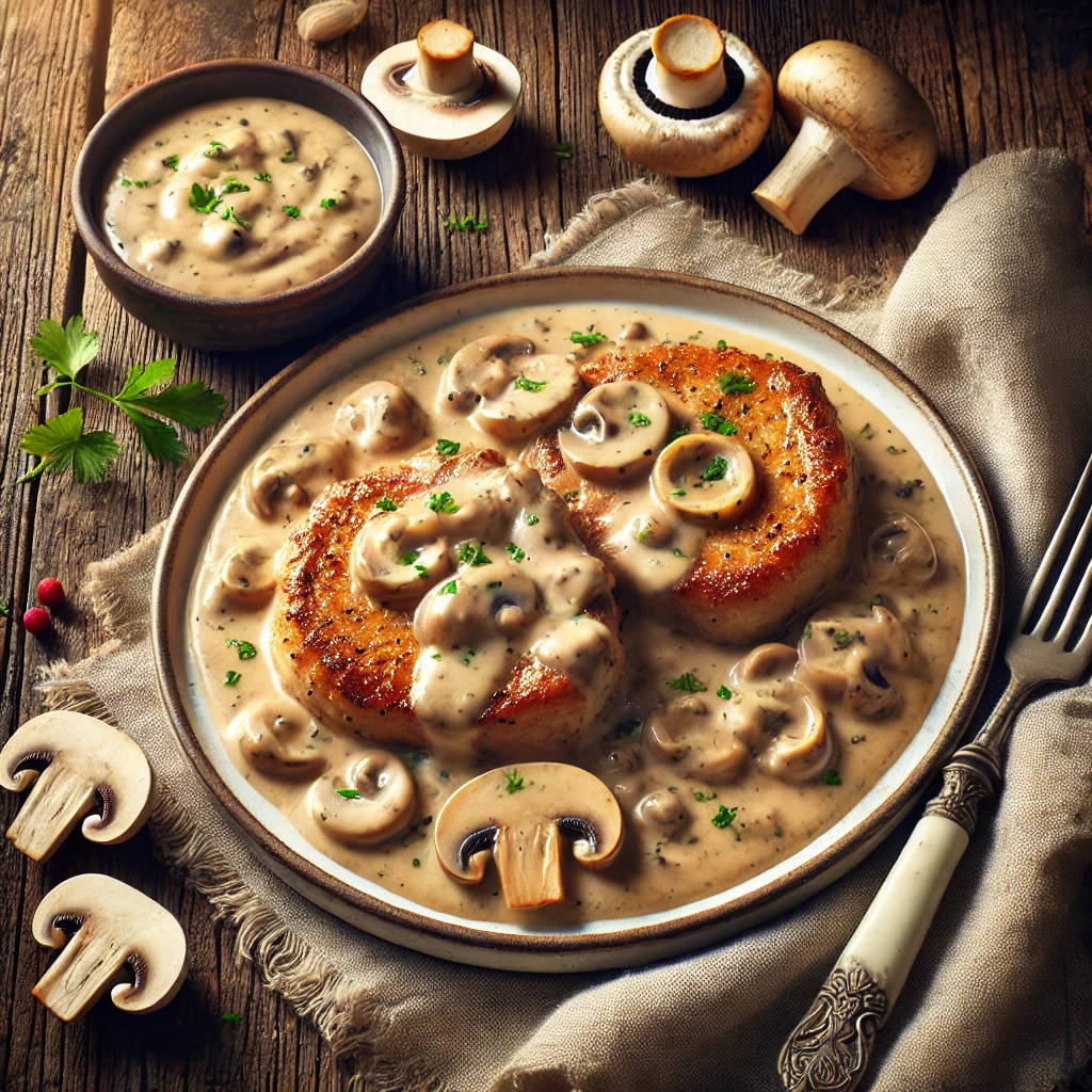 A white ceramic platter of crockpot pork chops with mushroom sauce sits on a rustic wooden table. The thick pork chops are tender and smothered in a creamy mushroom sauce with visible onion flakes, garnished with fresh parsley. Beside the platter are a small bowl of extra mushroom sauce, fresh mushrooms, and a folded linen napkin. Soft natural light highlights the creamy sauce and the golden-brown edges of the pork chops, creating a comforting and appetizing presentation.