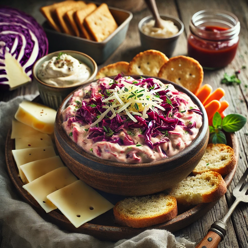 Slow Cooker Reuben Dip served in a rustic bowl, creamy and rich with vibrant red cabbage, melted Swiss cheese, and chopped corned beef, garnished with fresh herbs. The bowl is surrounded by toasted French bread slices, crackers, and carrot sticks, styled on a weathered wooden table with a linen napkin and a small jar of Thousand Island dressing, illuminated by soft natural light for a cozy appetizer presentation.