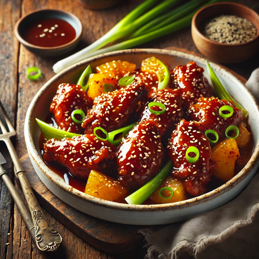 A beautifully plated dish of Slow Cooker Sweet and Sour Chicken Wings served on a rustic wooden table. The dish features tender, slow-cooked chicken wings coated in a glossy, tangy sweet and sour sauce with hints of pineapple and soy. Garnished with sesame seeds and finely chopped green onions. Served in a white ceramic dish with a side of dipping sauce. The warm wooden table is more visible, providing a cozy and inviting setting
