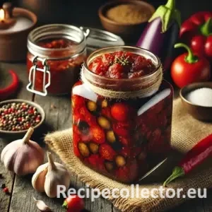 Chunky tomato-based Christmas chutney in a glass jar, surrounded by fresh ingredients like aubergine, garlic, peppers, and spices on a wooden table in warm kitchen light.