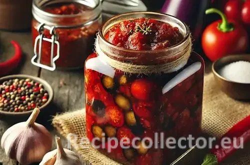 Chunky tomato-based Christmas chutney in a glass jar, surrounded by fresh ingredients like aubergine, garlic, peppers, and spices on a wooden table in warm kitchen light.