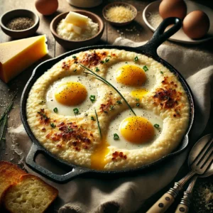 A rustic presentation of smoked Gouda grits and egg bake, elegantly arranged on a wooden table. The dish is baked to golden perfection in a cast-iron skillet, featuring creamy grits infused with smoky Gouda cheese, topped with perfectly baked eggs with slightly runny yolks. Fresh chives and cracked black pepper garnish the dish. A serving spoon rests inside, showcasing the rich texture. Scattered around are grated Gouda, toasted bread slices, and a small dish of butter. Soft natural lighting enhances the warm and inviting feel, with gentle shadows and a hint of rustic kitchen elements in the background.