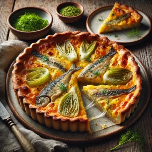 A beautifully baked Smoked Haddock and Leek Tart with a golden, flaky crust and a rich, creamy filling. The tart is filled with tender smoked haddock, sautéed leeks, and melted cheddar cheese, garnished with fresh dill. It is served on a rustic ceramic plate, with a slice cut out to reveal the soft, savory interior. The plate rests on a rustic wooden table, accompanied by a small dish of fresh herbs and a linen napkin. Warm, natural lighting enhances the inviting, homemade feel.