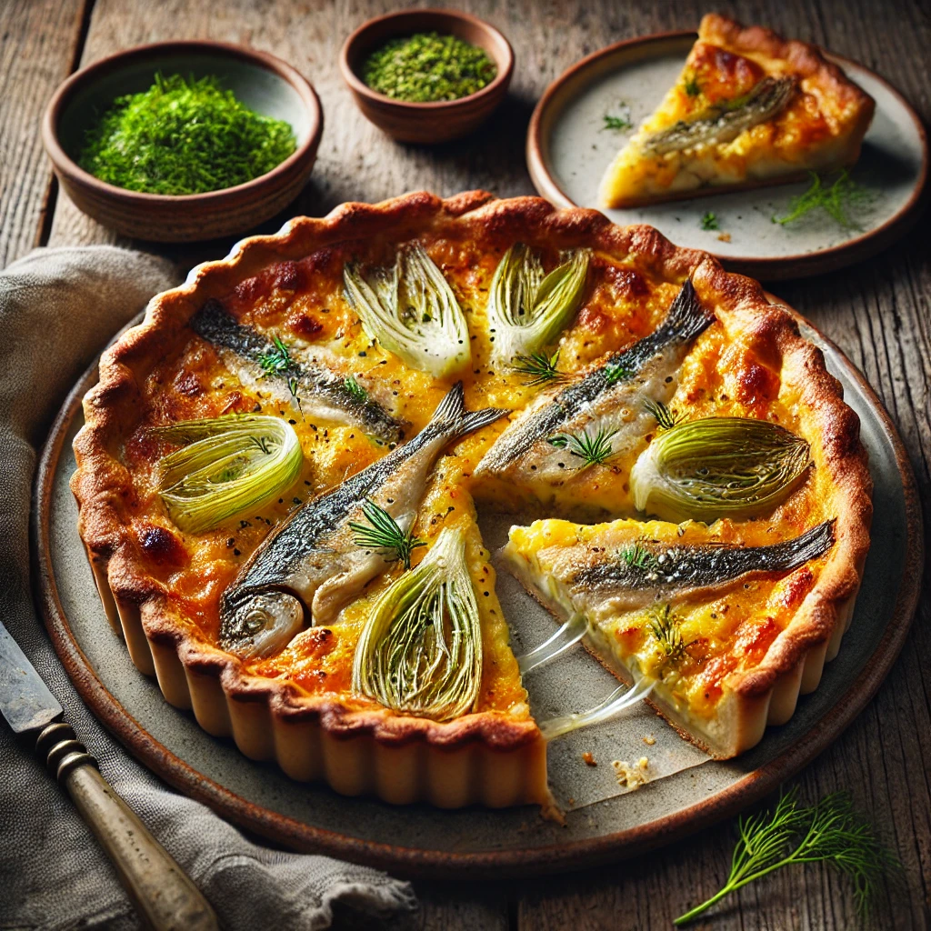 A beautifully baked Smoked Haddock and Leek Tart with a golden, flaky crust and a rich, creamy filling. The tart is filled with tender smoked haddock, sautéed leeks, and melted cheddar cheese, garnished with fresh dill. It is served on a rustic ceramic plate, with a slice cut out to reveal the soft, savory interior. The plate rests on a rustic wooden table, accompanied by a small dish of fresh herbs and a linen napkin. Warm, natural lighting enhances the inviting, homemade feel.