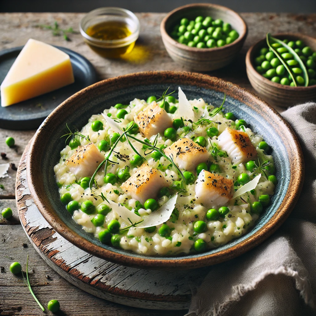 A creamy Smoked Spring Risotto served in a deep artisan bowl, featuring chunks of smoked haddock, vibrant green peas, and garnished with chopped chives, Parmesan shavings, and fresh chervil. The bowl is styled on a rustic wooden table with a small bowl of peas, a wedge of Parmesan, and a linen napkin, illuminated by soft natural lighting for a warm and inviting presentation.
