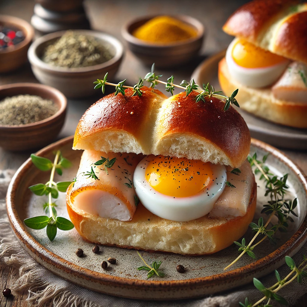 Golden brioche rolls filled with smoked halibut and baked eggs, garnished with thyme and basil, arranged on a rustic ceramic plate with a warm wooden table setting, creating a cozy and comforting visual appeal.