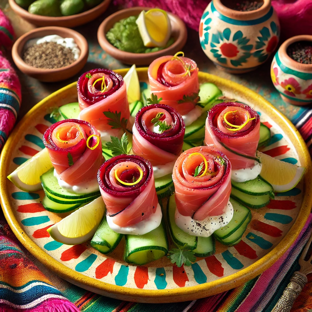 Fresh salmon and cucumber twists featuring thin strips of beetroot-cured smoked salmon wrapped around crisp cucumber slices, topped with a dollop of crème fraîche, lemon zest, and black pepper. The twists are arranged on a vibrant Mexican-style ceramic plate, surrounded by colorful textiles and pottery accents. Bright natural lighting enhances the fresh colors and textures, creating an elegant and inviting appetizer presentation.