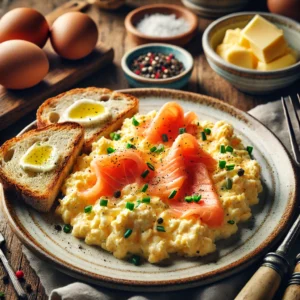 Soft, buttery scrambled eggs with delicate flakes of smoked salmon, garnished with fresh chives and black pepper, served with toasted sourdough and a lemon wedge.
