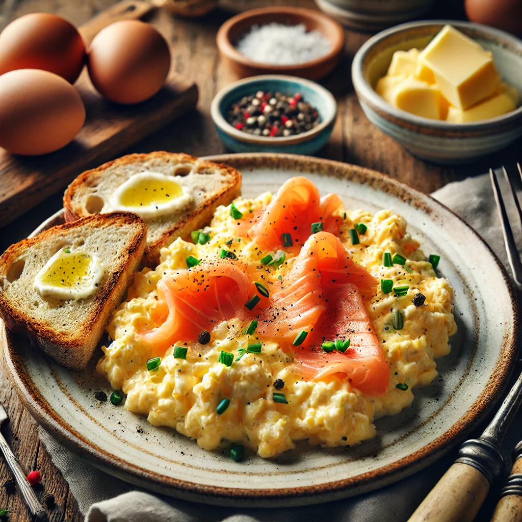 Soft, buttery scrambled eggs with delicate flakes of smoked salmon, garnished with fresh chives and black pepper, served with toasted sourdough and a lemon wedge.