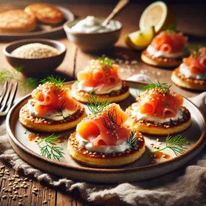 Delicate, golden-brown blinis topped with creamy crème fraîche, thinly sliced smoked salmon, toasted sesame seeds, and garnished with fresh dill and lemon.