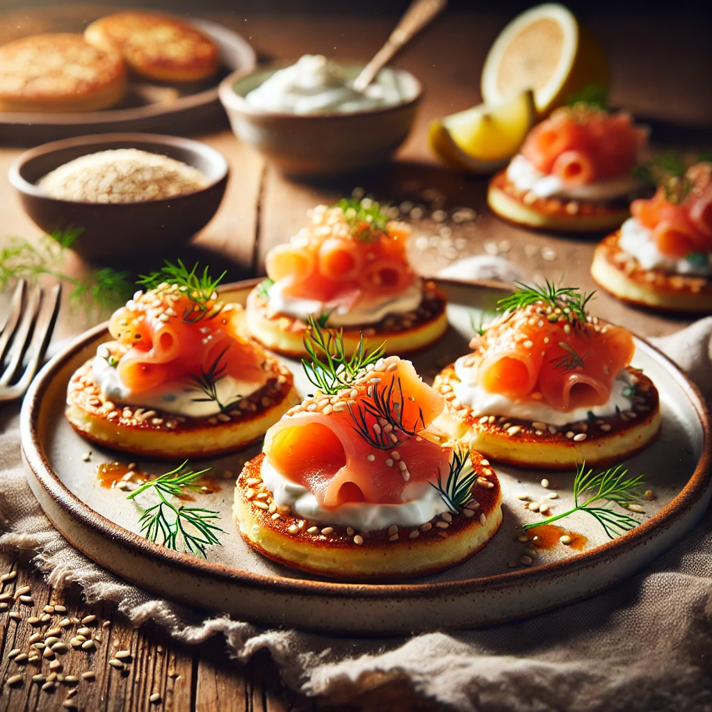 Delicate, golden-brown blinis topped with creamy crème fraîche, thinly sliced smoked salmon, toasted sesame seeds, and garnished with fresh dill and lemon.