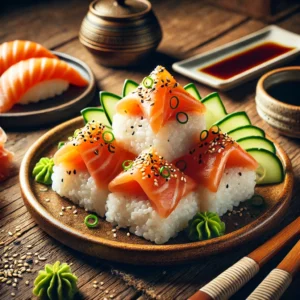 Sushi rice pressed into triangular shapes, topped with silky smoked salmon, a drizzle of spicy mayo, and garnished with sesame seeds, green onions, and cucumber, served with soy sauce and pickled ginger.