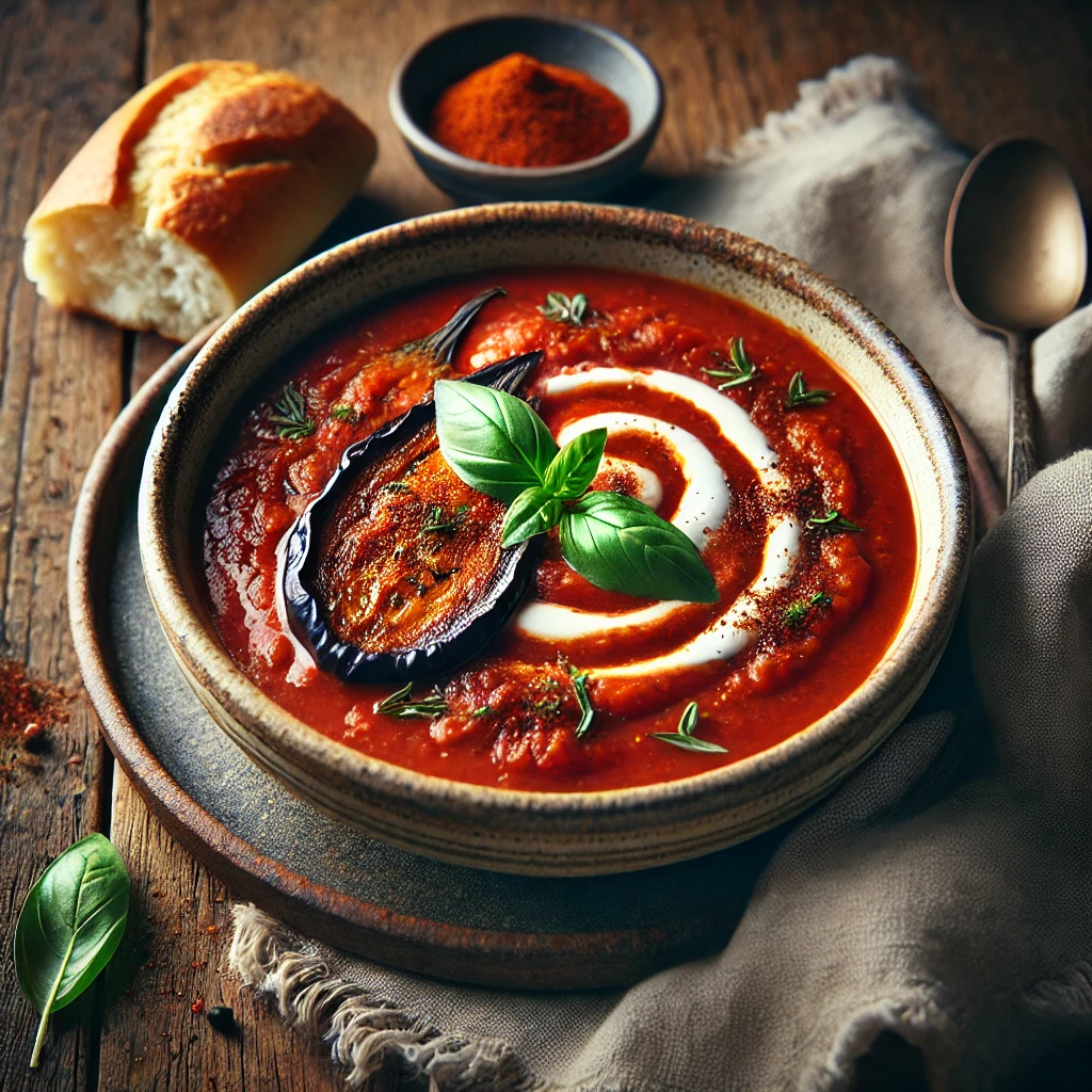 A beautifully plated bowl of Smoked Aubergine & Tomato Soup, featuring a rich, deep-red broth made from fire-roasted aubergines and tomatoes blended with warming spices. The bowl rests on a wooden table with soft, natural lighting highlighting the smoky and flavorful presentation.
