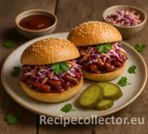 Two saucy BBQ seitan sandwiches topped with colorful slaw on sesame buns, served with pickle slices and garnished with parsley. The sandwiches are plated on a rustic ceramic dish over a wooden table, with bowls of BBQ sauce and extra slaw in the background.