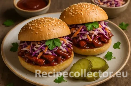 Two saucy BBQ seitan sandwiches topped with colorful slaw on sesame buns, served with pickle slices and garnished with parsley. The sandwiches are plated on a rustic ceramic dish over a wooden table, with bowls of BBQ sauce and extra slaw in the background.