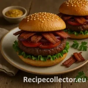 Two vegan burgers stacked with smoky seitan bacon strips, red onion, tomato, lettuce, and sesame buns, set on a rustic ceramic plate with parsley and mustard on a wooden table.