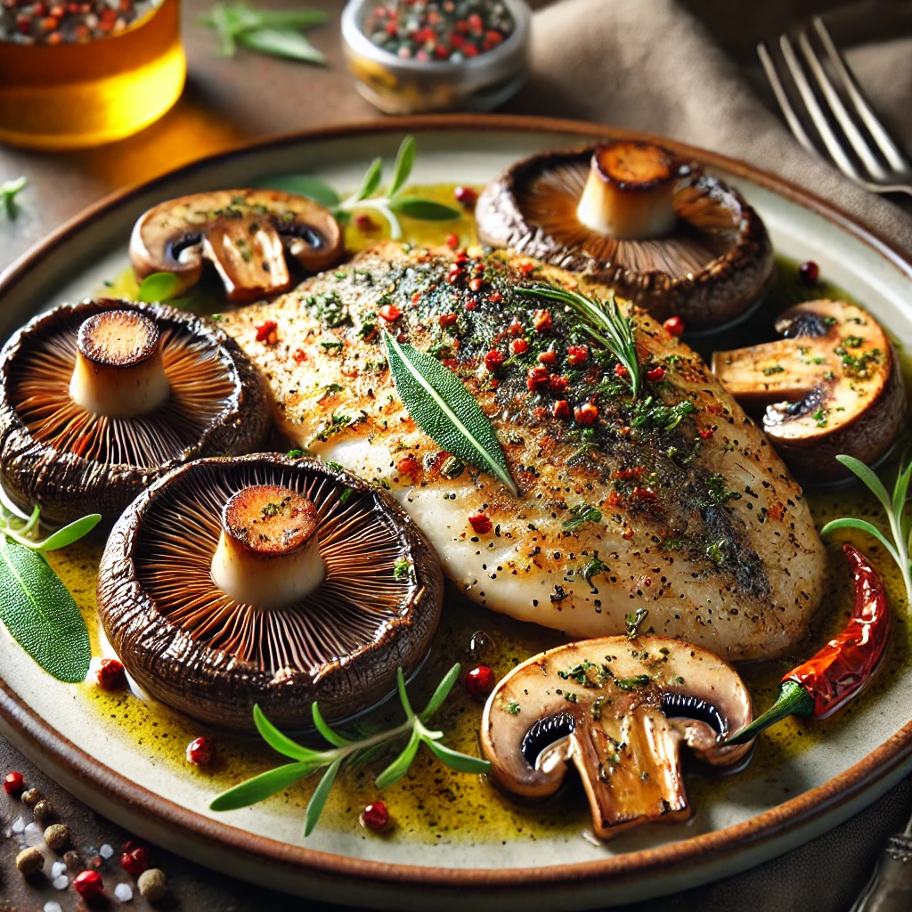 Grilled Tilapia with Portobello Mushrooms, featuring seasoned tilapia fillets paired with tender, juicy mushrooms, garnished with fresh herbs, and presented in a rustic and inviting setting.