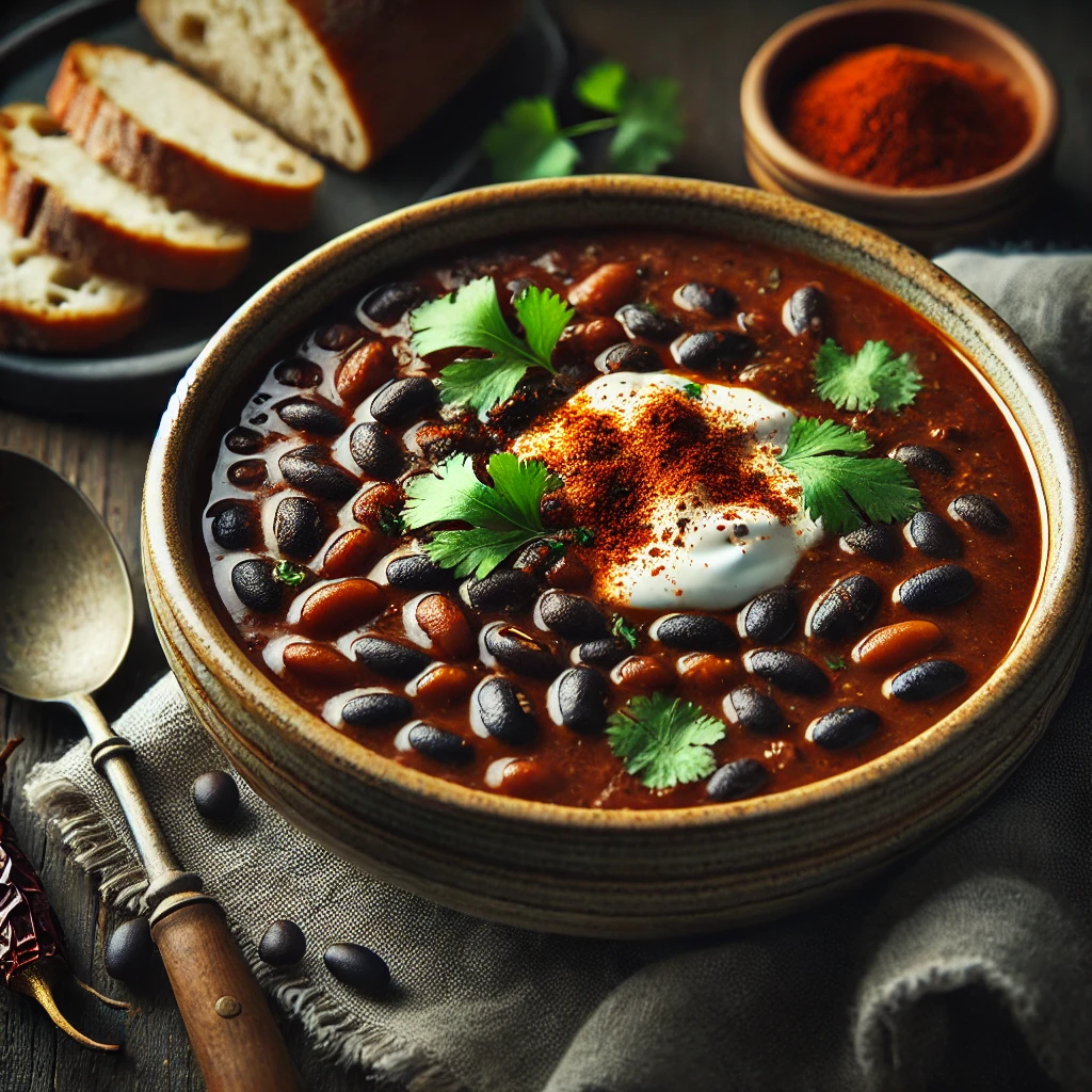 A rustic ceramic bowl of smoky black bean soup, featuring tender black beans in a rich, spiced broth, garnished with fresh cilantro, vegan sour cream, and smoked paprika, served with a slice of crusty bread on a dark wooden table in soft natural light.