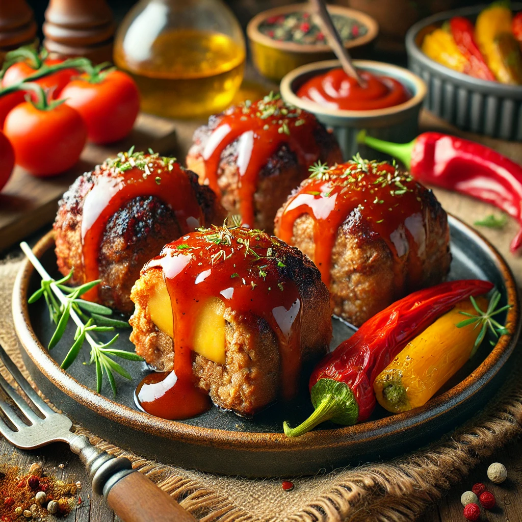Golden-brown smoky mini meatloaves topped with a shiny glaze made from tomato paste, ketchup, mustard, honey, and smoked paprika. The meatloaves are garnished with fresh herbs and served on a rustic ceramic platter alongside colorful roasted vegetables. The setting includes a warm wooden table, simple cutlery, and natural lighting highlighting the rich textures and colors, creating an inviting and comforting meal.