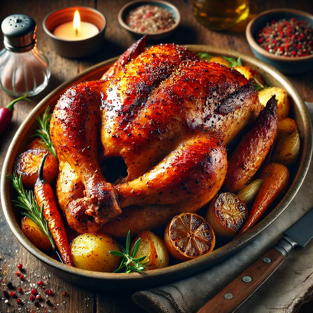 A beautifully roasted Paprika Roast Chicken with crispy, golden-brown skin glistening with a honey and lemon glaze. The whole chicken sits in an elegant ANTA Salad Bowl, resting on a bed of roasted potatoes, carrots, and onions. The dish is placed on a rustic wooden table, accompanied by a carving knife, a linen napkin, and a small dish of seasoning. Warm, natural lighting enhances the rich colors and textures of the perfectly roasted chicken.