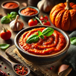 A rich and flavorful Smoky Pumpkin Marinara sauce served in a rustic ceramic bowl. The sauce has a deep orange-red hue with a thick, velvety texture, garnished with fresh basil leaves and a sprinkle of red pepper flakes. The bowl sits on a rustic wooden table, accompanied by a small dish of roasted pumpkin purée, garlic cloves, and a wooden spoon. Warm, natural lighting enhances the inviting, homemade feel.