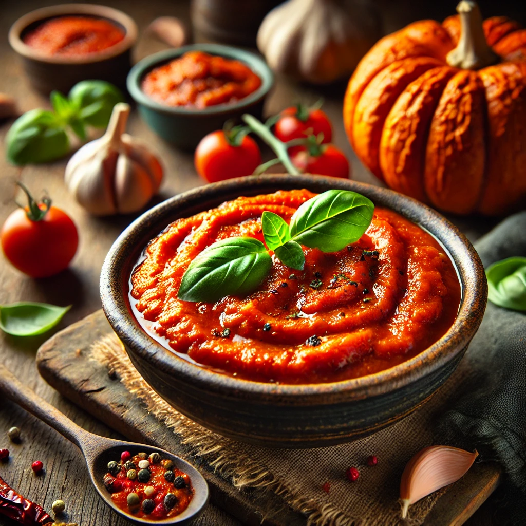 A rich and flavorful Smoky Pumpkin Marinara sauce served in a rustic ceramic bowl. The sauce has a deep orange-red hue with a thick, velvety texture, garnished with fresh basil leaves and a sprinkle of red pepper flakes. The bowl sits on a rustic wooden table, accompanied by a small dish of roasted pumpkin purée, garlic cloves, and a wooden spoon. Warm, natural lighting enhances the inviting, homemade feel.