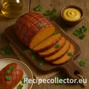 A roasted seitan ham with a crisscrossed golden-brown glaze, sliced on a wooden cutting board, surrounded by parsley, mustard, and olive oil on a rustic wooden table.