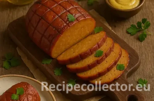 A roasted seitan ham with a crisscrossed golden-brown glaze, sliced on a wooden cutting board, surrounded by parsley, mustard, and olive oil on a rustic wooden table.