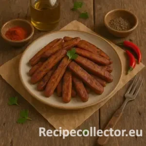 Smoky, browned seitan strips stacked on a ceramic plate, garnished with parsley, surrounded by red chili peppers, paprika, pepper, and a bottle of oil. Presented on rustic paper over a wooden table.