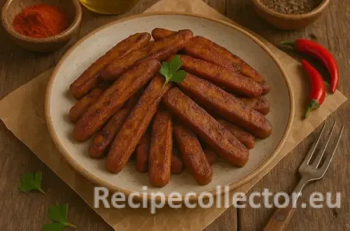 Smoky, browned seitan strips stacked on a ceramic plate, garnished with parsley, surrounded by red chili peppers, paprika, pepper, and a bottle of oil. Presented on rustic paper over a wooden table.