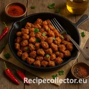 A black skillet filled with crispy, smoky TVP (textured vegetable protein) bites, garnished with parsley. Surrounded by red chili peppers, ground spices, black pepper, and olive oil on a rustic wooden table.