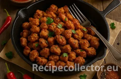 A black skillet filled with crispy, smoky TVP (textured vegetable protein) bites, garnished with parsley. Surrounded by red chili peppers, ground spices, black pepper, and olive oil on a rustic wooden table.