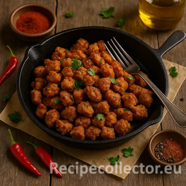 A black skillet filled with crispy, smoky TVP (textured vegetable protein) bites, garnished with parsley. Surrounded by red chili peppers, ground spices, black pepper, and olive oil on a rustic wooden table.