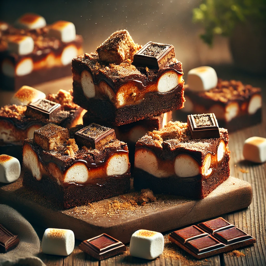 A rustic presentation of s’mores brownies, elegantly arranged on a wooden table. The brownies have a rich, fudgy chocolate base layered with melted marshmallows and graham cracker crumbs, creating a gooey and indulgent texture. Some brownies are stacked on a wooden cutting board, while others are cut into squares with pieces of graham crackers and chocolate chunks scattered around. Soft natural lighting enhances the warm and inviting feel, with gentle shadows and a hint of greenery in the background.